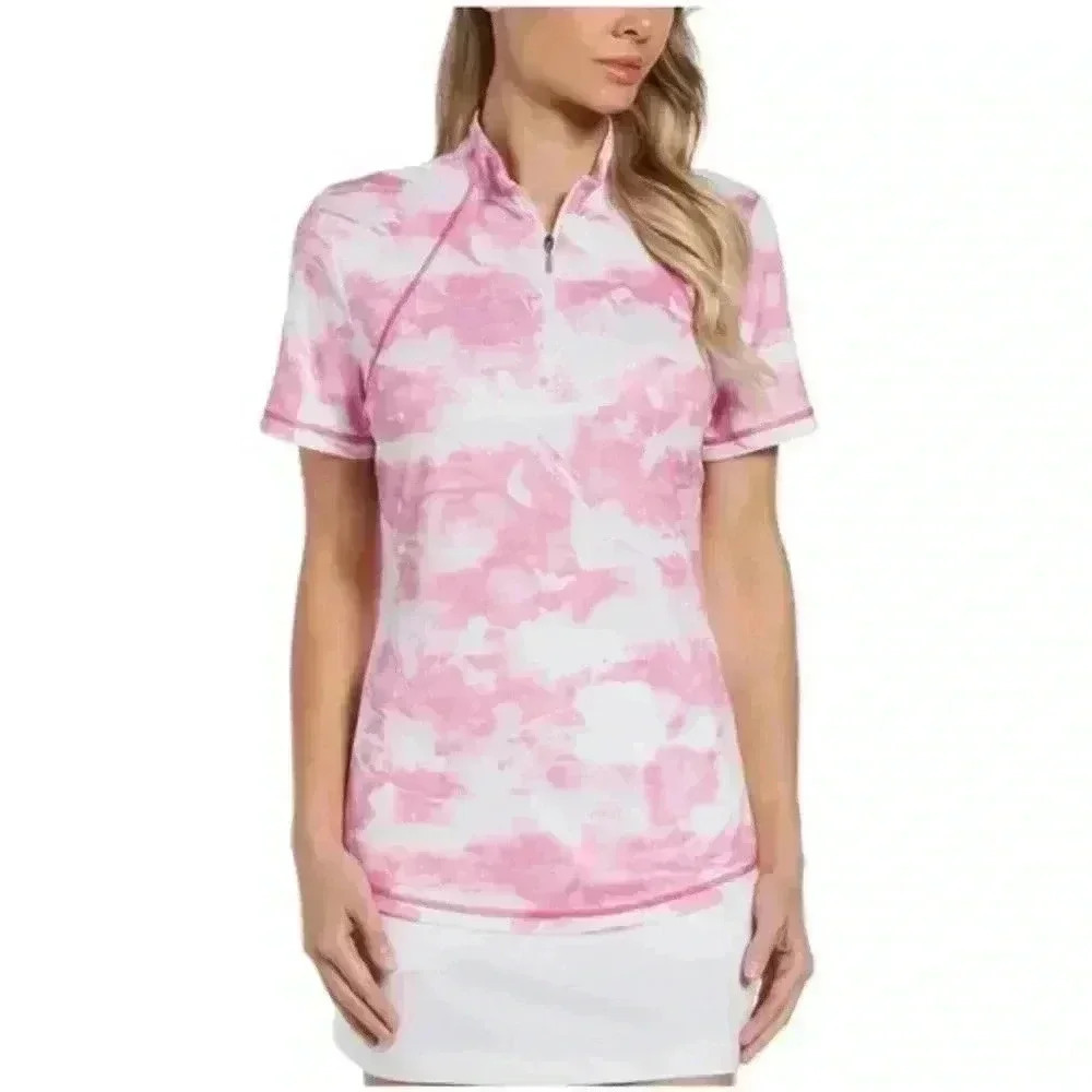 PGA Tour Apparel Pink Sunset Tie Dye Print Short Sleeve Polo Shirt